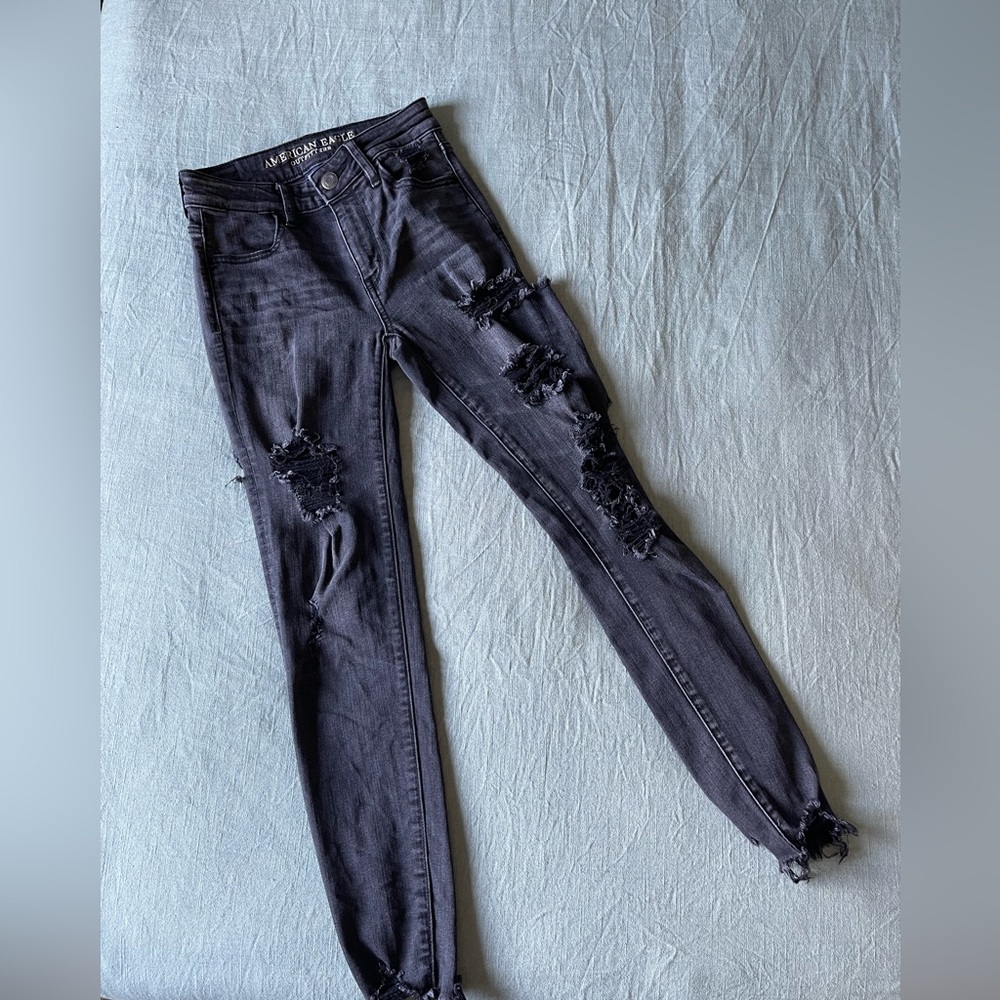 AE distressed black skinny jeans